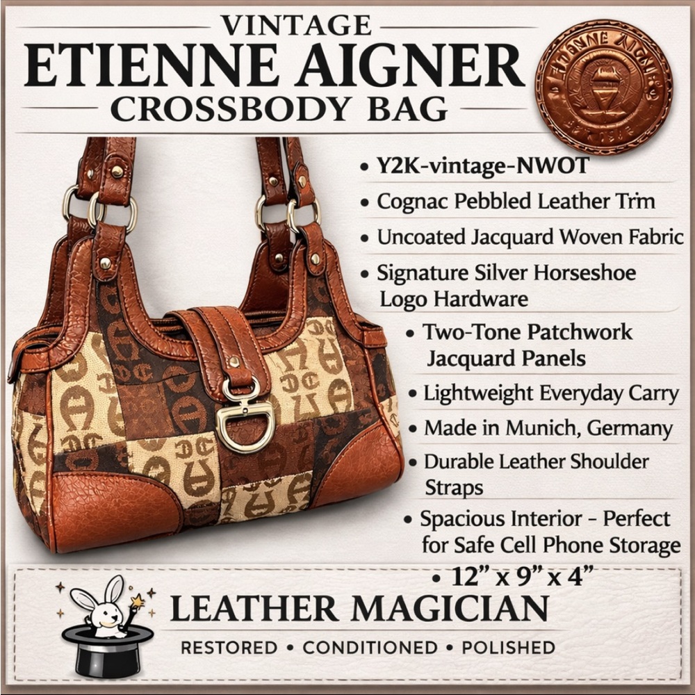 Vintage Etienne Aigner Brown Crossbody Cognac Leather Trim Lightweight Bag Y2K